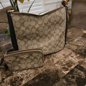 Coach Beige and Black Signature Bag Set Plus Wristlet